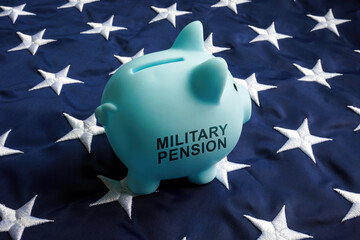 american flag with piggy bank that says military pension